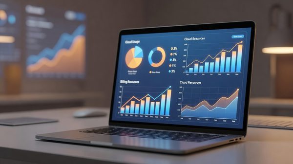Abstract visualization of cloud computing cost meters and digital usage dashboards