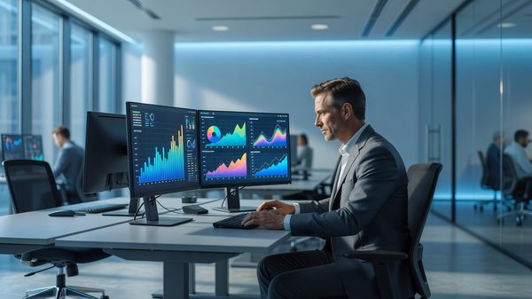 Business professional reviewing analytics dashboards and data on multiple computer screens