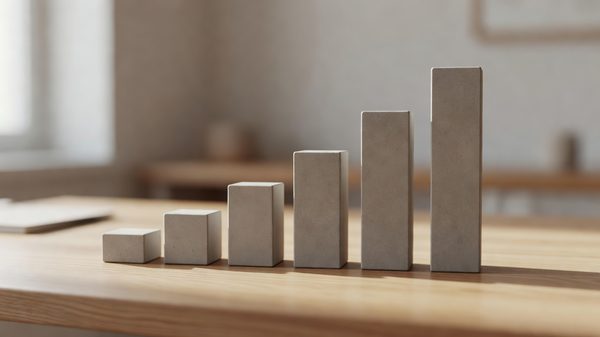 Abstract concept image of stacked blocks of increasing height in soft office light