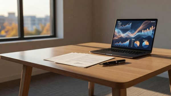 Signed software contract and pen on a wooden table beside a laptop showing a spend dashboard