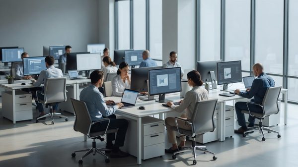 Modern office environment with multiple screens showing different software applications in use
