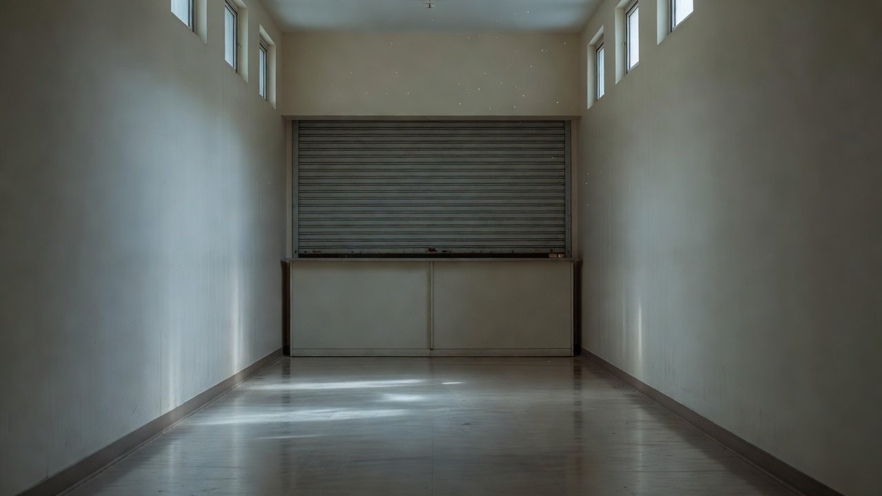 Empty office corridor with a closed service counter, muted daylight