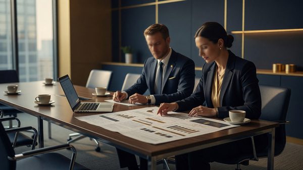 Two professionals reviewing a project scope document across a conference table